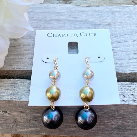 NWT CHARTER CLUB GOLD TONE NAVY, SAGE & GRAY BEAD POST DROP EARRINGS - Picture 2 of 5